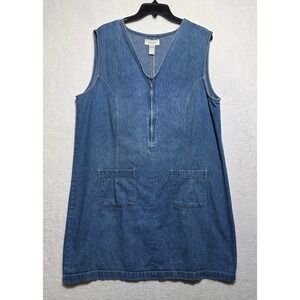 Lord & Taylor Vintage Denim Jumper Dress Blue XL Half Zip Sleeveless V-Neck